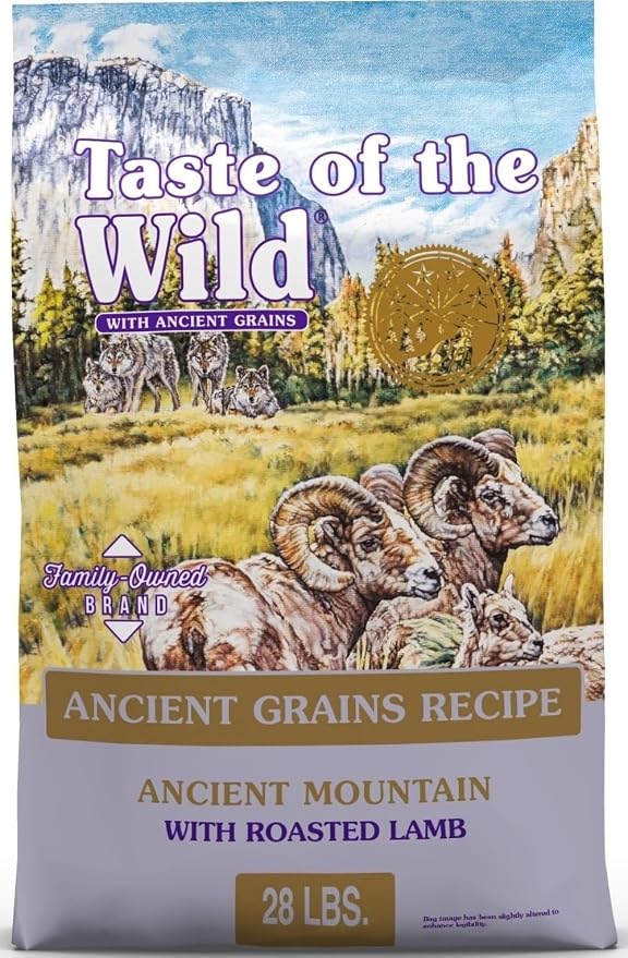 Taste of the Wild Ancient Mountain Dry Dog Food, Roasted Lamb, 28lb | Puppy, Adult & Senior Dogs | Real Lamb & Ancient Grains | Nutrient Dense to Help Support Peak Health |Guaranteed Probiotics
