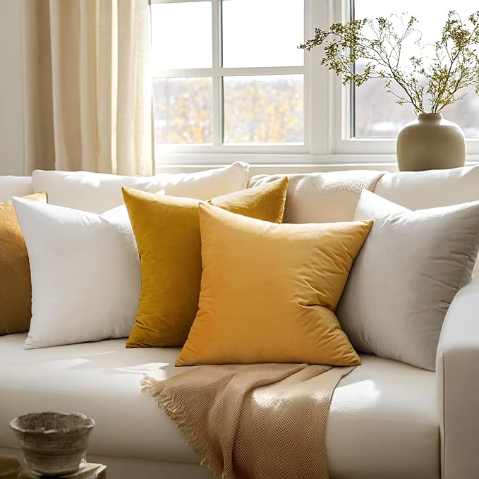 MIULEE Velvet Throw Pillow Covers 20x20 Inch Pack of 2 Mustard Yellow | Soft Solid Decorative Pillow Covers, Modern Luxury Home Decor, for Couch Chair Sofa Bedroom Livingroom