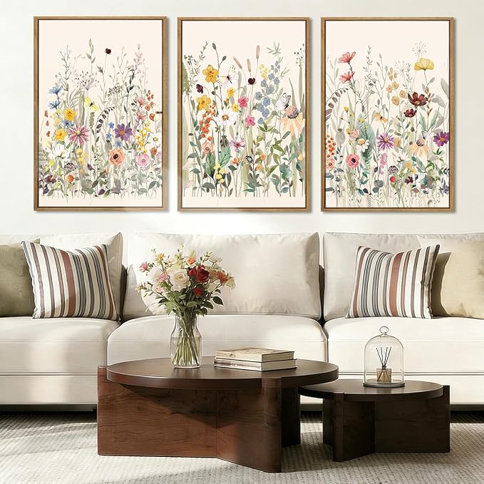 BINCUE Large Framed Floral Canvas Wall Art Colorful Wildflower Pictures Wall Decor for Living Room Bedroom Home Decor 3 Panel 16x24 Inches