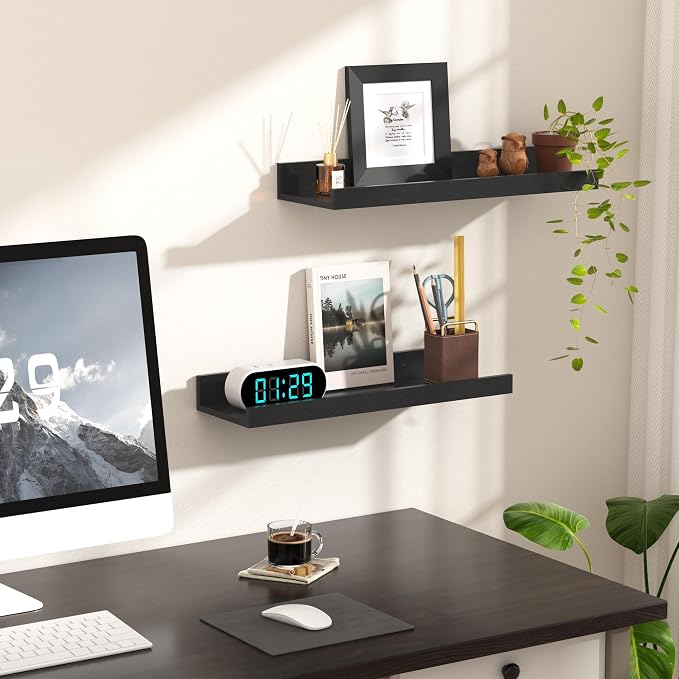upsimples Floating Shelves for Wall Decor and Storage, Black, 6Pcs 15.7'' | Wall Mounted Wood Shelves for Living Room, Bedroom, Bathroom, Kitchen, Office, Laundry Room Display and Organize