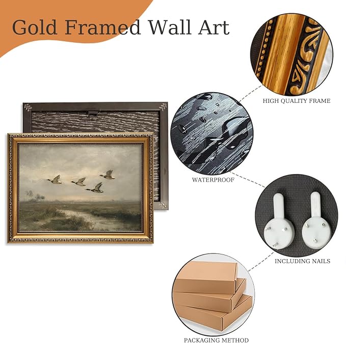 Vintage Hunting Gold Framed Wall Art Flying Mallard Duck Wall Decor Art | Rustic Landscape Painting Canvas Art Farmhouse Cottagecore Small Framed Prints Artwork Bedside Tables Foyer Bookshelf Entry