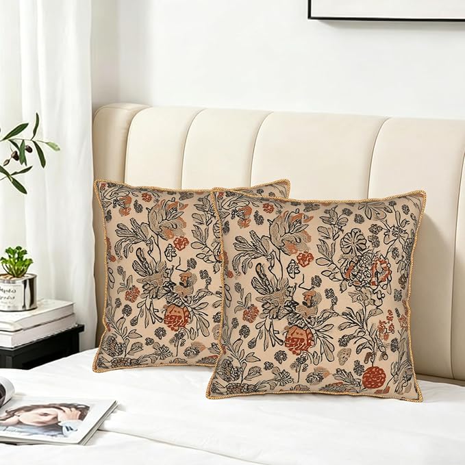 KSLIDS Art Boho Floral Soft Velvet Throw Pillow Covers Set of 2 Beige Rust Botanical Flowers Decorative Pillow Covers 16x16 Inch Farmhouse Vintage Pillow Case for Sofa Couch Living Room Home Decor