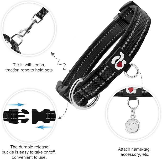 azuza Reflective Dog Collar, Neoprene Padded Puppy Collar, Black, XS