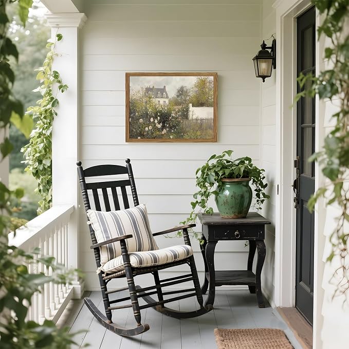 Framed Vintage Wall Art, Cottage Rose Garden Landscape Pictures Wall Decor Paintings, Rustic Spring Farmhouse Canvas Prints Aesthetic Home Decor for Living Room Bedroom Bathroom 12x16 inch
