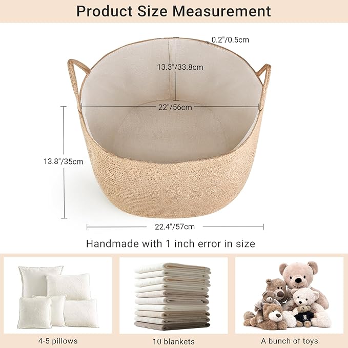 Mkono Woven Storage Basket for Blanket, Toys Plant Organizer, 22"W x 13.8"L | Brown, Jute, Decorative Basket with Handle, Wood Beads Tassel, Shoes Towel Clothes Storage Bin, Living Room Bedroom Nursery