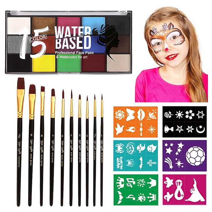 15 Color Face Paint Kit, Professional Face Painting Kit SFX Makeup Palette, Water Activated Body Paint for Cosplay Halloween Party for Kids and Adults Safe Non Toxic with 12 Pcs Brush & Stencils Matte