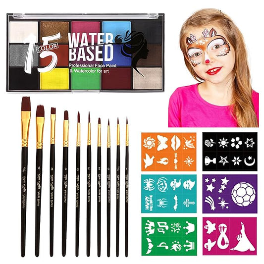 15 Color Face Paint Kit, Professional Face Painting Kit SFX Makeup Palette, Water Activated Body Paint for Cosplay Halloween Party for Kids and Adults Safe Non Toxic with 12 Pcs Brush & Stencils Matte
