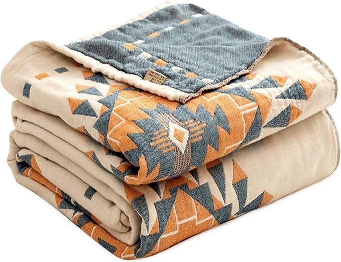 MSGKV Summer Cotton Muslin Boho Throw Blanket 60"x80" for Couch Bed | Cotton Muslin Throw, Soft Quilted Blanket, Boho Style, Couch Bed Chair Use, All Season Comfort, Gift Ready, Machine Washable