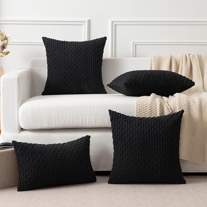 Kevin Textile Soft Corduroy 16"x24" Lumbar Pillow Cover 1 Pack, Black | Boho Stripe Plush Corduroy Decorative Oblong Cushion Cover Modern Farmhouse Home Decor for Sofa Couch Bed Chair
