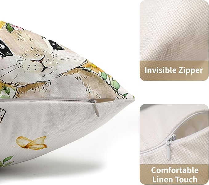 Spring Easter Bunny Lumbar Pillow Covers 12x20 Inch Set of 2 Watercolor Yellow Floral Leaf Rabbit Throw Pillow Cases Outdoor Linen Square Cushion Cover Farmhouse Decor for Bedroom Home Sofa Couch Bed