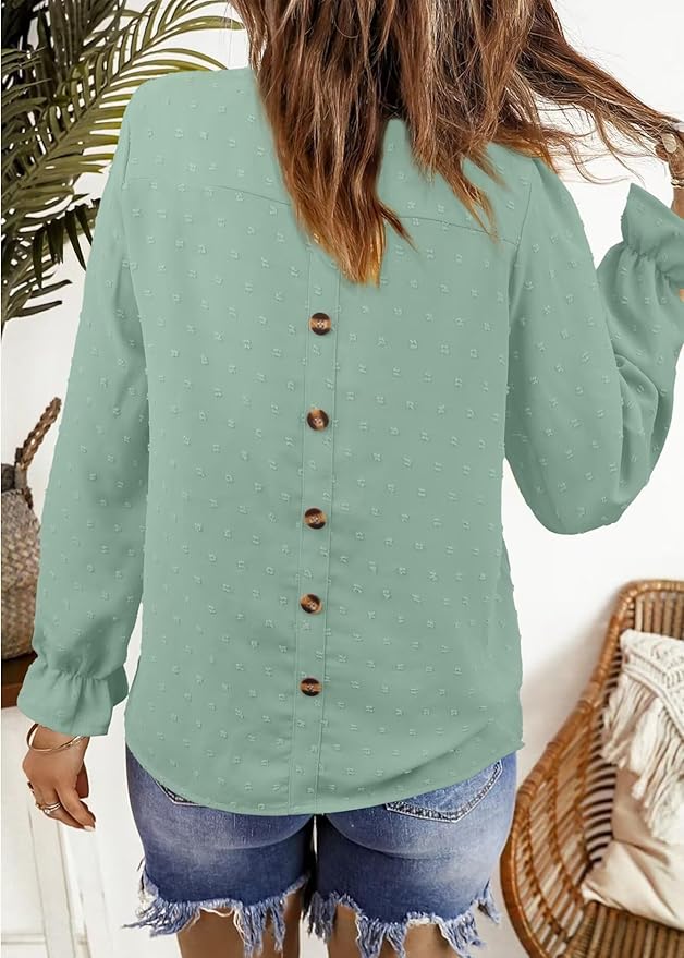 Womens Boho Tops Long Sleeve Shirts For Women Cute Crewneck Blouse Dressy Casual Swiss Dot Crochet Hollow Top 2026