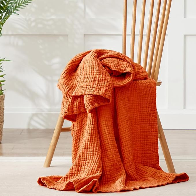 100% Cotton Muslin Blanket Large 50"x 70", 6 Layers Breathable and Lightweight Cotton Throw Blankets for Couch, Soft Cooling Summer Gauze Blanket for Adults All Season, Orange