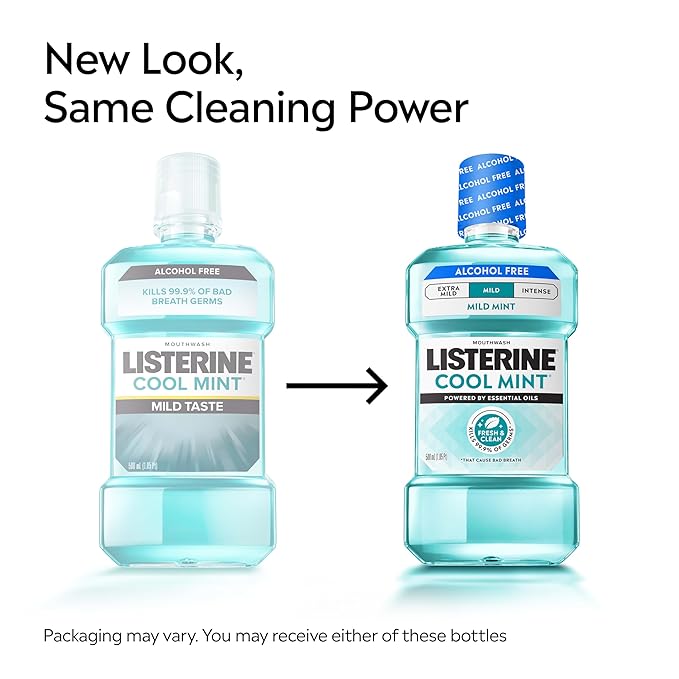 Listerine Cool Mint Alcohol-Free Mild Mouthwash, Oral Rinse Kills 99.9% of Germs That Cause Bad Breath, Less Intense Taste, Mild Mint Flavor, 500 mL