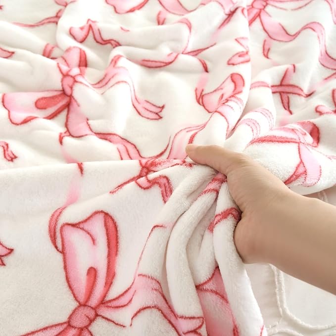Pink Bow Throw Blanket –Spring Mother's Day Soft Fleece Blanket for Girls and Women, Coquette Aesthetic Room Decor for Bed, Couch, Chair, Preppy Bedroom or Gift, Cute Pink Bow Decor Blanket