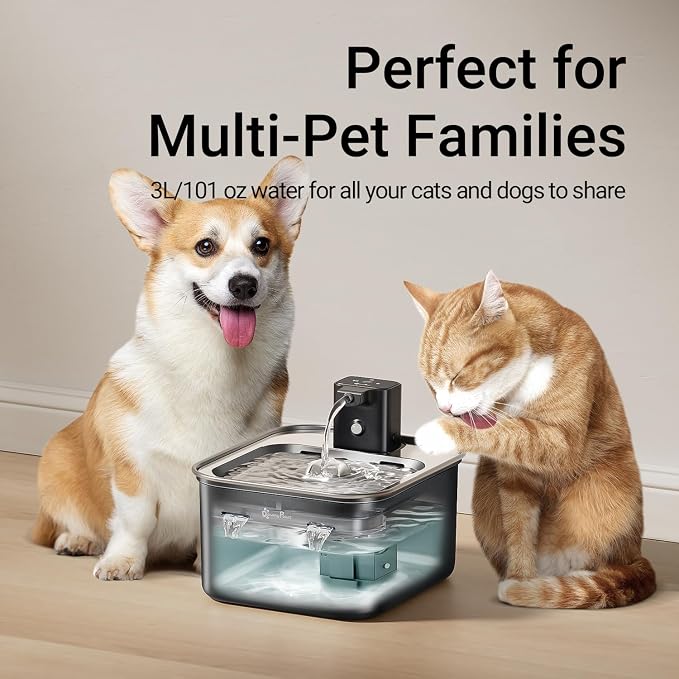 DownyPaws Cat Water Fountain Stainless Steel Wireless Automatic, Black | Cordless Battery Operated Pet Water Fountain, 101 Oz/3L Water Fountain for Cats Drinking with Motion Sensor