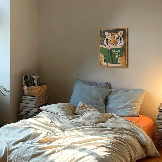 Framed Funny Tiger Wall Art, Motivational Animal Reading Wall Decor Paintings, Eclectic Go Get Em Tiger Canvas Prints Pictures Home Decor for Living Room Bedroom Dorm Office 12x16 inch