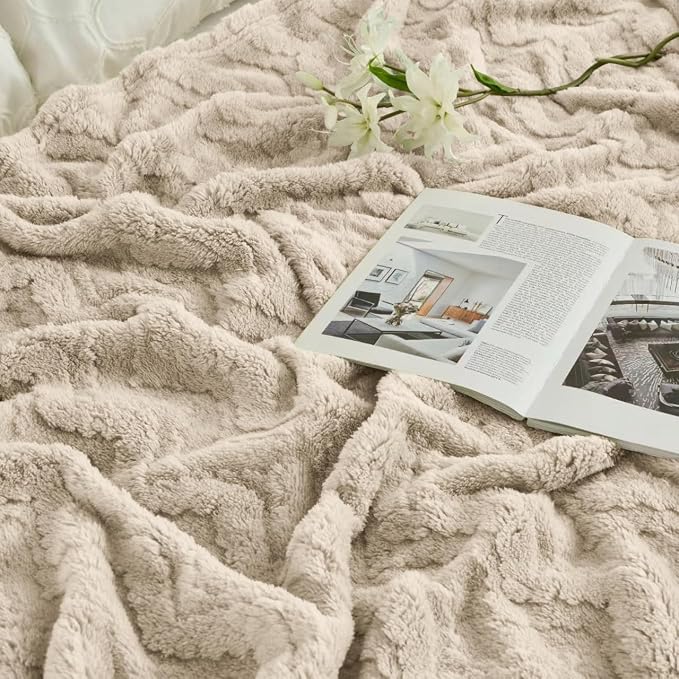 3 Layer Jacquard Throw Blanket - 50x70 Inch Soft Fleece with Wave Pattern, Brown Plush Cozy Blanket for Sofa, Couch, Bed & Chair, All Season Decorative Blanket for Living Room & Bedroom