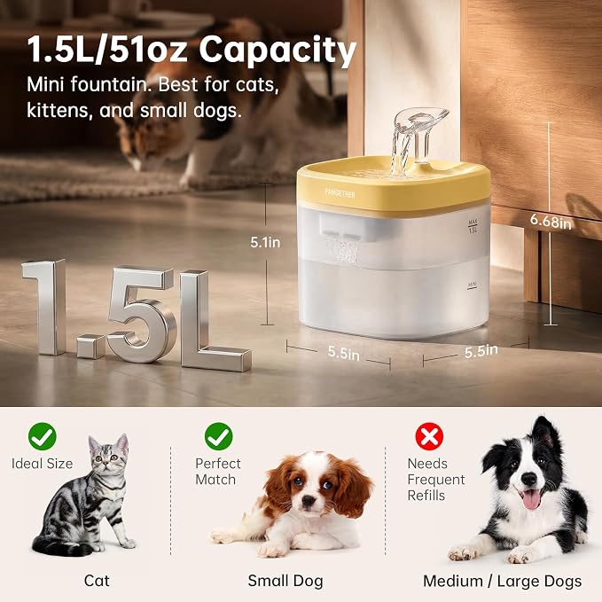 PAWGETHER® Cat Water Fountain with Wireless Pump 51oz/1.5L Dog Water Fountain, Ultra Quiet Automatic Pet Water Fountain Portable Indoor Ourdoor Travel Small Dog Water Dispenser with Adapter Yellow
