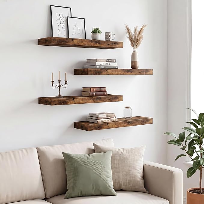 Fixwal Floating Shelves for Wall Decor (Rustic Brown, Set of 4, 15.7 Inch) | MDF Shelves with Metal Brackets, Space Saving for Books, Decor, Works in Bathroom, Kitchen, Living Room, Bedroom