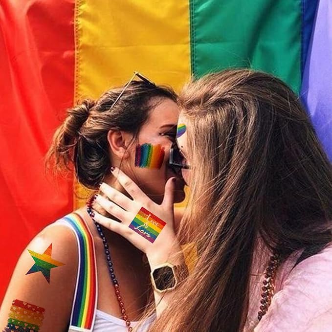 Glitter Rainbow Temporary Tattoos - 74 Individually Sheets Glitter Pride Tattoos Heart Lips Love Rainbow Tattoos for Pride Festivals