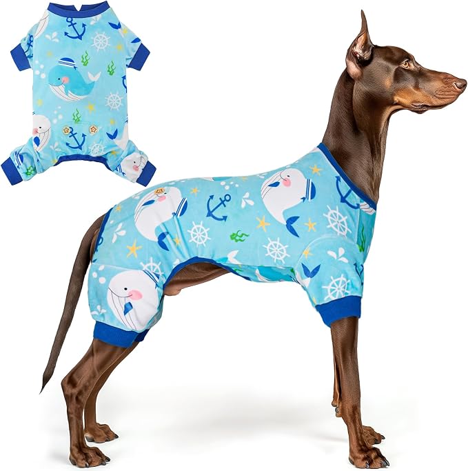 KYEESE Velvet Dog Pajamas for Large Dogs Soft Onesie Shirt, Whale | 4-Way Stretch, Lightweight & Breathable, Reduces Shedding, Gentle on Sensitive Skin, Recovery Support, Easy Potty Breaks