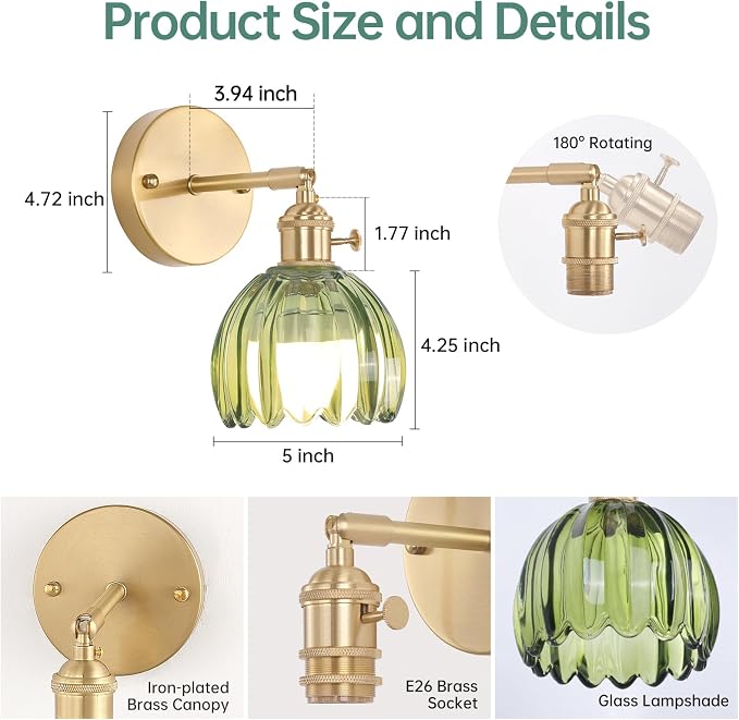 Shenmoyl Vintage Battery Operated Wall Sconce with Green Tulip Glass Lampshade Rechargeable Battery Powered Wall Light with Remote Control for Bedside Bedroom Doorway, Set of 2