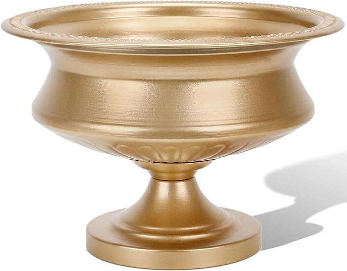 WORTH 8" H. Gold Color Urn Vase for Centerpieces, 11.8" Dia. Classic Metal Trumpet Small Flower Pot for Table, Bowl Vase for Wedding Party Event Home Decor, Smooth, Non-Aged Finish