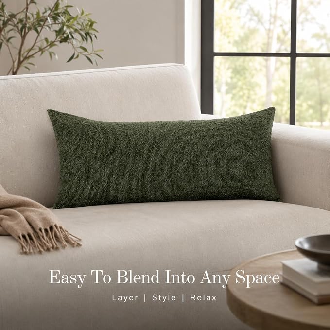 JoraLion 14x26 inch Boucle Lumbar Pillow Cover, Army Green Woven Texture Neutral Long Pillow Cover Breathable Cushion Case for Couch Sofa Bed Living Room Home Decor (Cover Only)