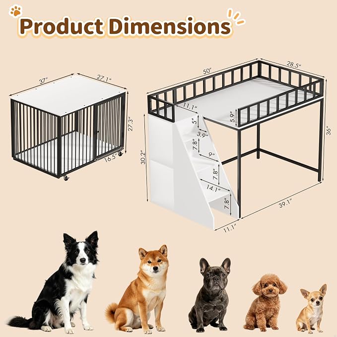 37" Dog Crate Furniture, Wooden Dog Kennel Indoor with Storage (White) | Heavy Duty Pet Cage Indoor for Small & Medium Dogs, Dog Kennel with Storage Shelf, 4 Lockable Wheels and Stairs, Loft-Style