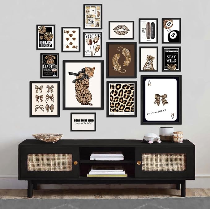 ANERZA 16 PCS Framed Leopard Wall Art Decor, Cheetah Wall Prints for Bedroom, Preppy Gallery Wall Frame Set, Trendy Posters for Living Room Aesthetic, Funky Collage Kit, Dorm Artwork