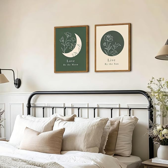 Framed Boho Sun and Moon Wall Art Set of 2, Sage Green Floral Line Pictures Wall Decor, Minimalist Quotes Paintings Mid Century Modern Canvas Prints for Living Room Bedroom Office 12x16 inch