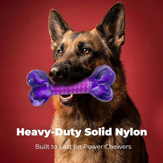 Tough Dog Toys for Aggressive Chewers Large Breed, Dog Chew Bone with Bacon Flavor, Pure Nylon Chew Toy for Medium Large Dogs, Bacon Flavor, Purple