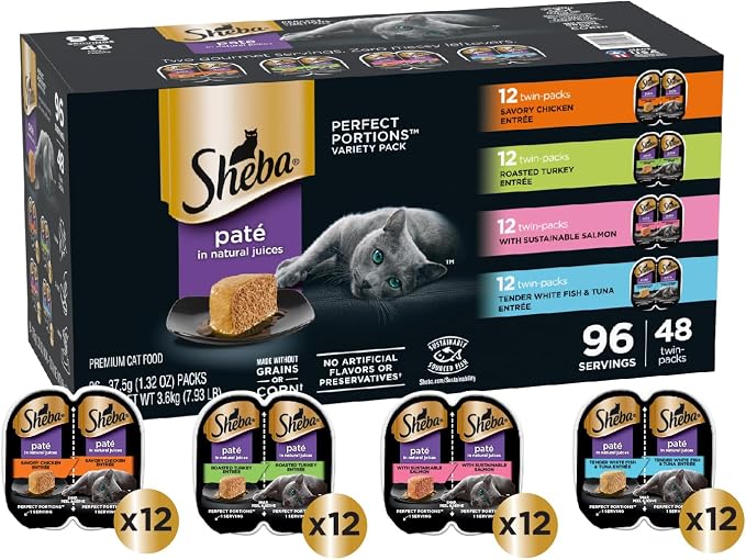 Sheba Perfect Portions Pate Wet Cat Food, Variety Pack, 2.6 oz, 48 ct | Chicken, Turkey, Salmon & Whitefish-Tuna, grain-free, 96 servings, sustainably sourced, convenient twin-pack portions