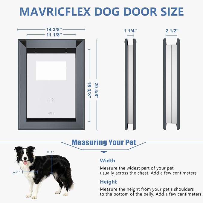 MAVRICFLEX Heavy Duty Aluminum Dog Door for Door, Large, Dark Gray | Large Dog Door with 2 Sliding Lock Panels & Magnetic Soft Flaps, Energy Efficient Design for large Dogs Up to 90 LBS