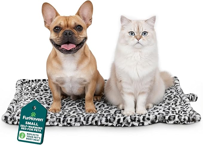 Furhaven ThermaNAP Self-Warming Cat Bed for Indoor Cats & Small Dogs, Washable & Reflects Body Heat - Quilted Faux Fur Reflective Bed Mat - Snow Leopard, Small