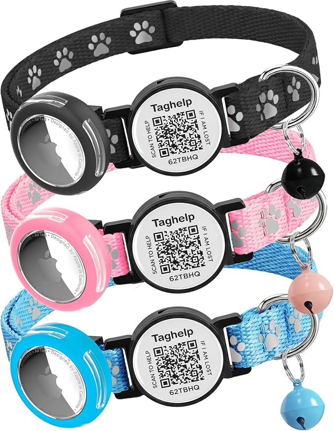 3 Pack Paw Print Cat Collars - Breakaway Safety Collar with Waterproof Apple AirTag Holder, Adjustable Kitten Collar Set - Ideal Pet Supplies & Gifts, No App (Black, Blue, Pink)