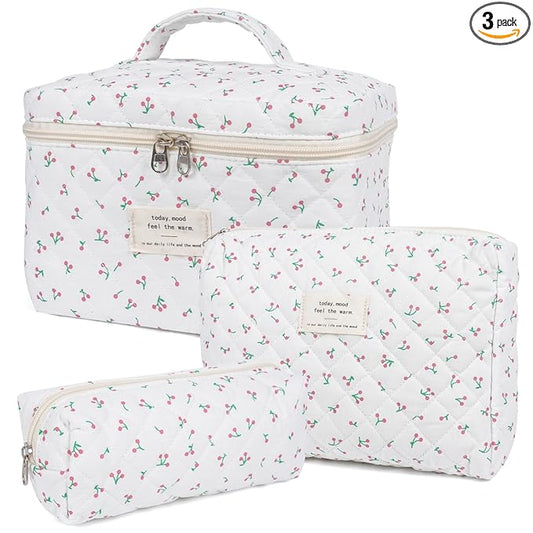 Makeup Bag,Quilted Cosmetic Bag,Large Floral Make Up Bag for Women,Cotton Makeup Bag Set,Flower Travel Toiletry Bag