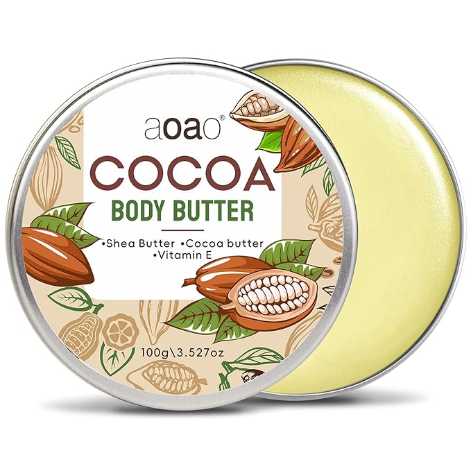 AOAO Cocoa Body Butter for Rough Flaky Skin, Shea Butter & Vitamin E Daily Moisturizer Absorbs Rapidly, Deep Hydrating Treatment, Provides Long-Lasting Nourishment for Silky Smooth Skin, 100g/3.5oz