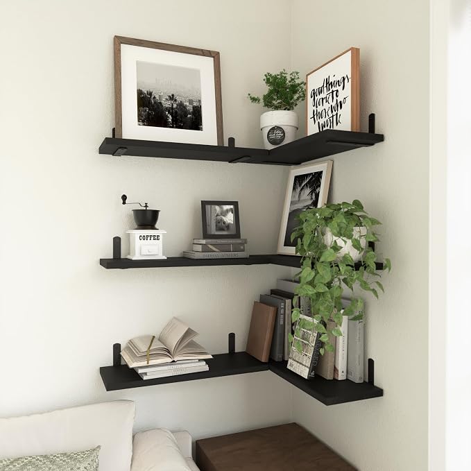 Wood Floating Shelves Set of 6, Shelves for Wall Decor, Farmhouse Shelf for Bedroom, Bathroom Storage Shelves, Book Shelves for Living Room-Black