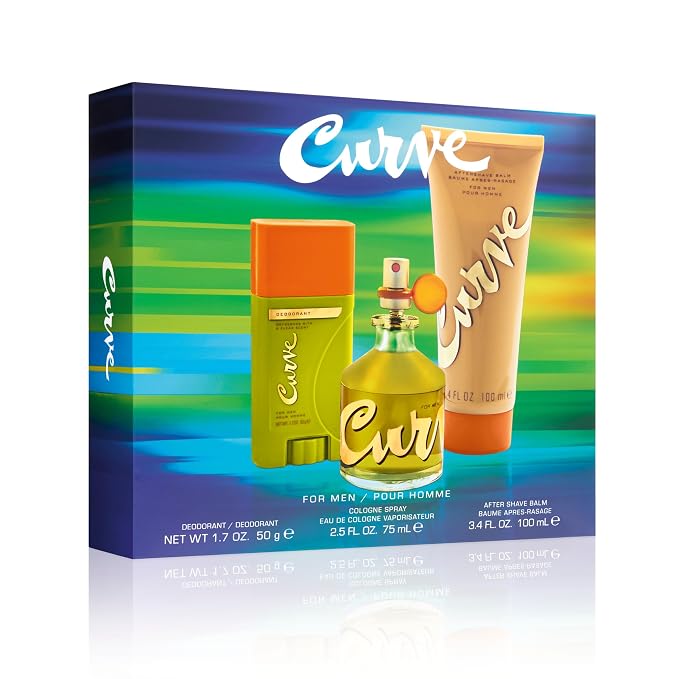 Curve for Men 3 Piece Fragrance Gift Set, Deodorant, Aftershave Balm & Cologne, Spicy Woody Magnetic Scent for Day or Night, 2.5 fl oz