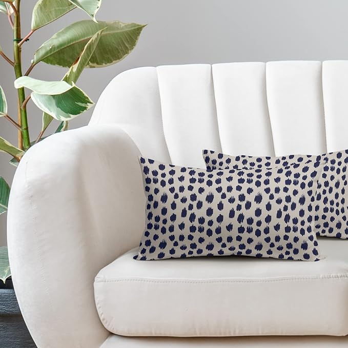 Navy Blue Cream Throw Pillow Covers 12x20 Set of 2 Polka Dot Throw Pillows Outdoor Boho Design Brush Strokes Decorative Pillowcase Square Cushion Cover Linen Pillow Case for Home Sofa Couch Bed