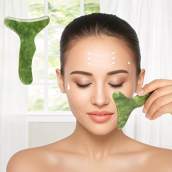 2 in 1 Jade Stone Gua Sha Massage Tool, Large Guasha Muscle Scraper Tools Set with Handle Muscle Scraping Massage Tools Anti Cellulite Spa Acupuncture Tools for Back Neck Leg Lymphatic Drainage