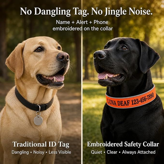 Custom Embroidered Dog Collar with Name and Phone Number, Personalized Safety Alert Collar for Deaf, Microchipped, Senior & Rescue Dogs, Reflective Nylon Collar with Metal Buckle