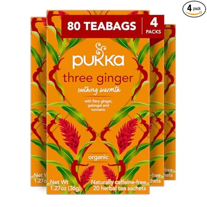 Pukka Three Ginger Organic Herbal Tea Bags 80 Count 4-Pack Caffeine Free Digestive Wellness Infusion with Turmeric Galangal Licorice for Digestion and Bloating Relief