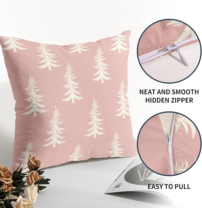 Christmas Pillow Covers 20X20 Inch Set of 2 Rustic Pink White Xmas Tree Decorative Pillow Cases Winter Holiday Cotton Linen Cushion Case Farmhouse Home Decor for Sofa Couch Bedroom