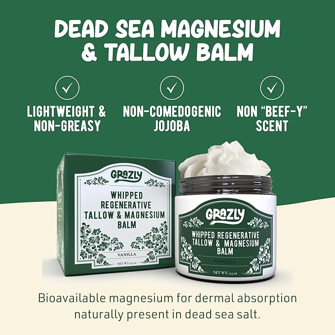Grazly Whipped Beef Tallow for Skin w/Dead Sea Magnesium, Manuka Honey, Jojoba Oil & Vanilla - Grass Fed Beef Tallow Balm - Body & Face Moisturizer for Dry, Sensitive Skin - 2.5oz