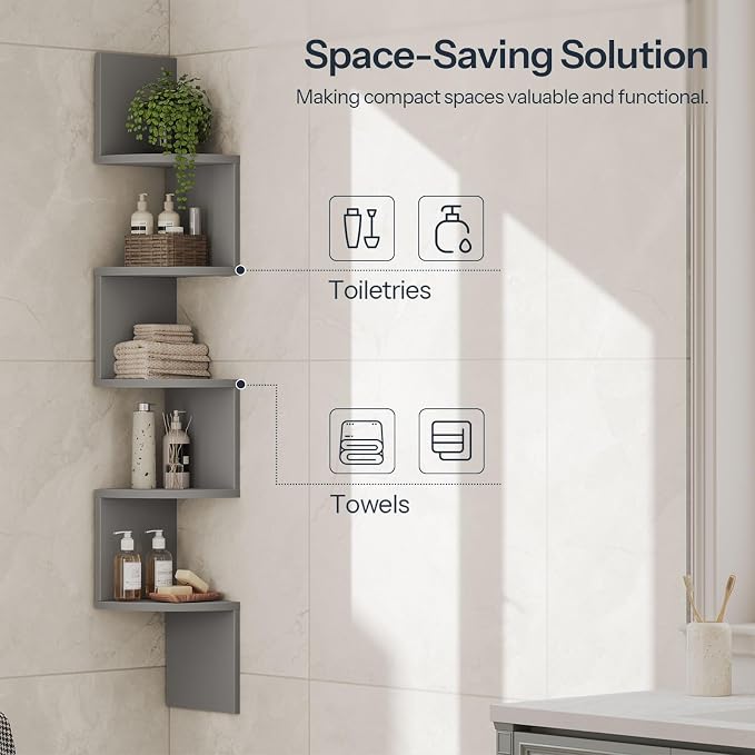 HOOBRO Corner Shelf Wall-Mounted, Set of 2 Floating Corner Shelves for Wall, 5-Tier Bookshelves for Wall Decor in Living Room, Bedroom, Home Office, Dove Gray GY26BJP201