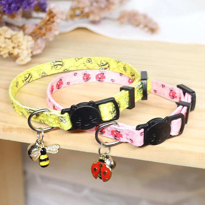 Cat Collar Breakaway, 2 Pack Cotton Kitten Collars with Bells and Removable Charms, Cute Bee and Ladybug Shaped for Indoor Boy, Girl and Adult Cats