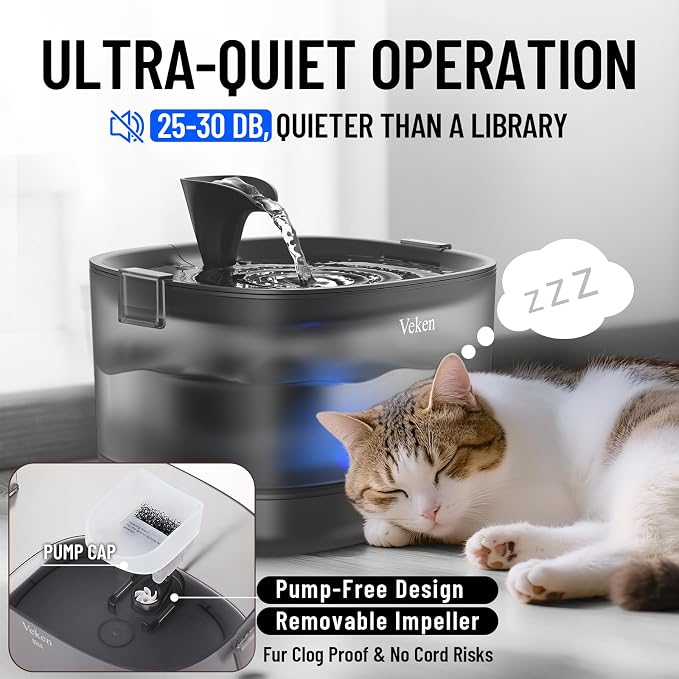 Veken 85oz/2.5L Cat Water Fountain with Detachable Tank & Secure Clips | Easy to Clean & Assemble, Quiet Operation & LED Light, Pet Drinking Dispenser, Gifts, Cats, Dogs and Small Pets, Black