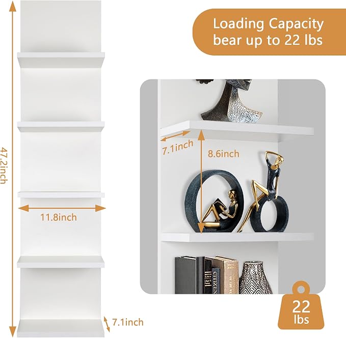 5 Tier Wall Shelf, Wall Mounted Shelves Unit for Living Room Bedroom, Floating Shelves Decor Organizer Tall(White), White